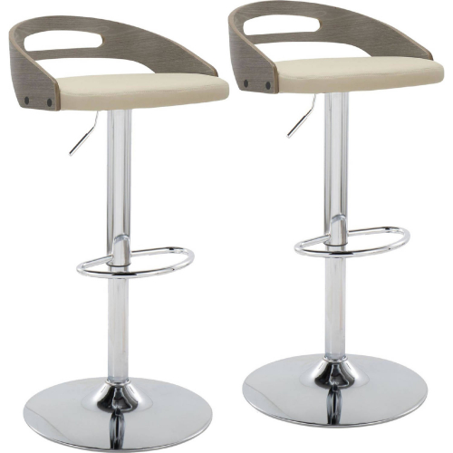 Cassis Adjustable Swivel Bar Stool in Chrome, Cream Leatherette & Light Grey Wood Back (Set of 2)